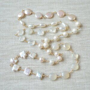 Long White Gemstone and Pearl Necklace in Gold